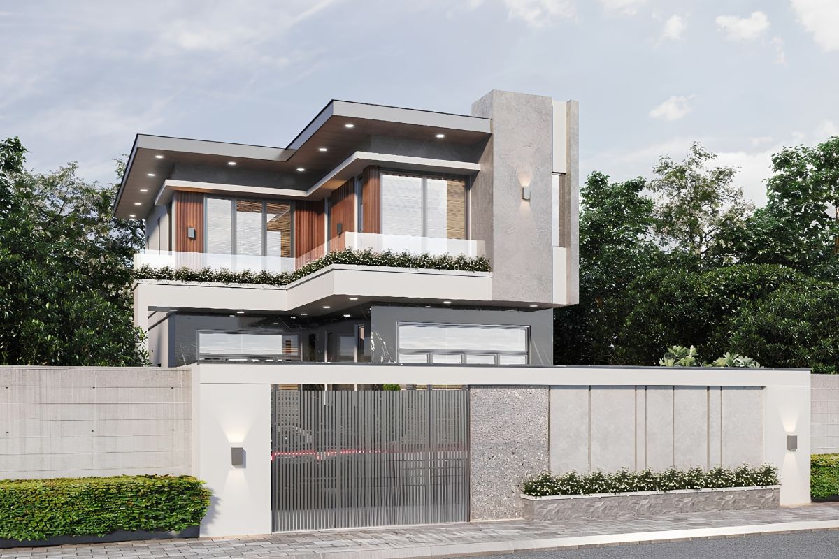 Mẫu Thiết Kế Biệt Thự 2 Tầng 100m2 Đẹp, Tối Ưu Công Năng Và Chi Phí Năm 2026 21 Biệt thự 2 tầng 100m2 hình chữ L tạo thêm mặt thoáng và khoảng sân linh hoạt bên hông công trình (Ảnh: Sưu tầm)