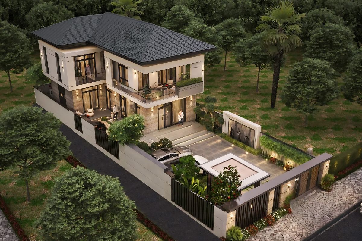 Mẫu Thiết Kế Biệt Thự 2 Tầng 100m2 Đẹp, Tối Ưu Công Năng Và Chi Phí Năm 2026 24 Biệt thự sân vườn 100m2 phù hợp khu đất rộng, cho phép tổ chức sân trước, lối bên hông và vườn sau (Ảnh: Sưu tầm)