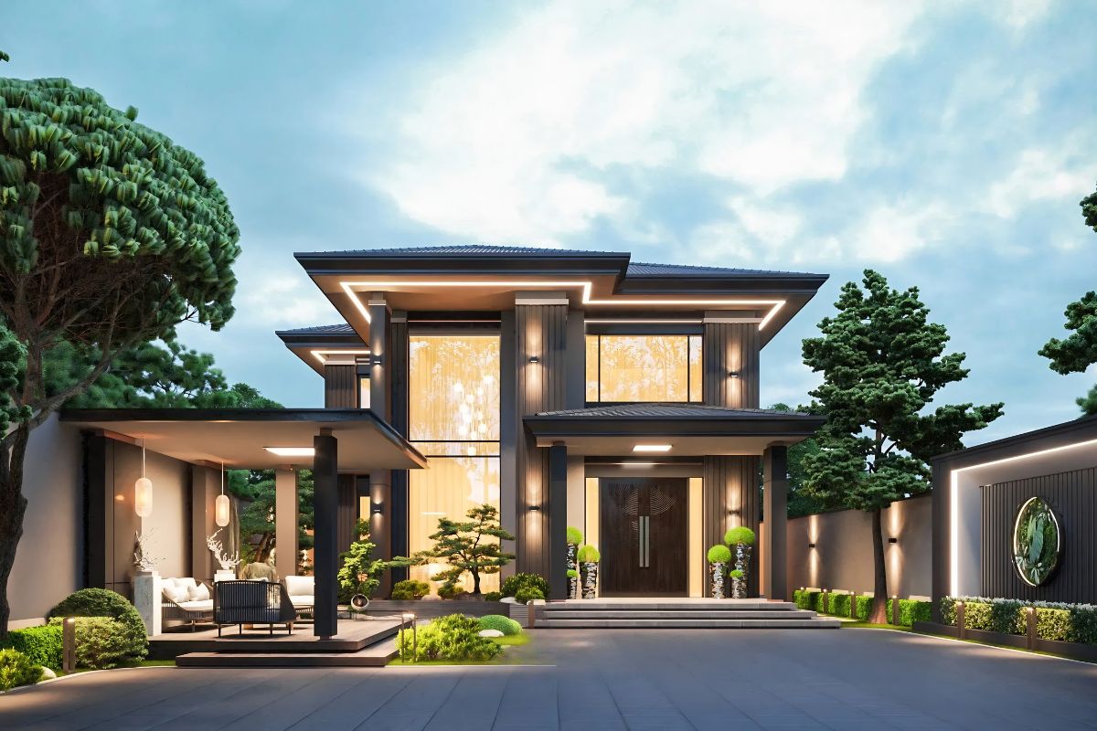 Mẫu Thiết Kế Biệt Thự 2 Tầng 100m2 Đẹp, Tối Ưu Công Năng Và Chi Phí Năm 2026 25 Cây xanh được bố trí theo hướng nắng và gió giúp biệt thự 100m2 đẹp mát mẻ, trong lành hơn (Ảnh: Sưu tầm)