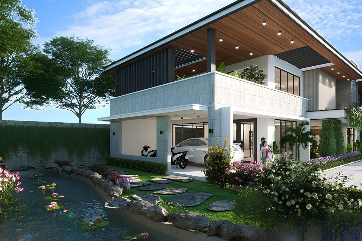 Mẫu Thiết Kế Biệt Thự 2 Tầng 100m2 Đẹp, Tối Ưu Công Năng Và Chi Phí Năm 2026 26 Sự kết nối giữa sân vườn và nội thất giúp biệt thự 2 tầng 100m2 mở rộng tầm nhìn và trải nghiệm sống (Ảnh: Sưu tầm)
