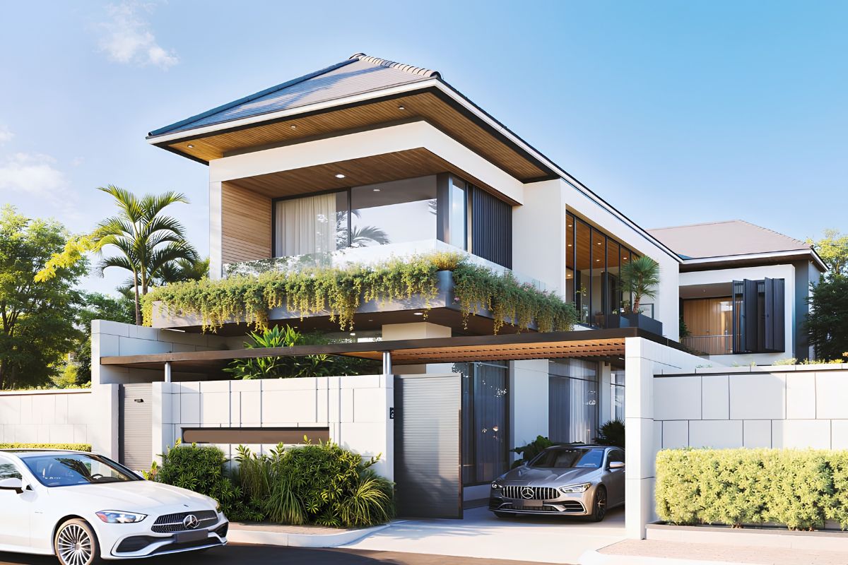 Mẫu Thiết Kế Biệt Thự 2 Tầng 100m2 Đẹp, Tối Ưu Công Năng Và Chi Phí Năm 2026 27 Biệt thự 2 tầng 100m2 có gara mang lại không gian để xe an toàn, thuận tiện cho gia đình hiện đại (Ảnh: Sưu tầm)
