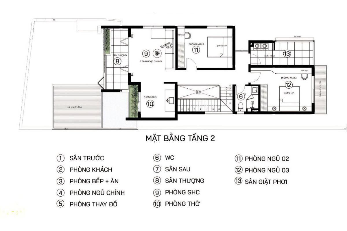Mẫu Thiết Kế Biệt Thự 2 Tầng 100m2 Đẹp, Tối Ưu Công Năng Và Chi Phí Năm 2026 31 Phòng ngủ, phòng thờ và ban công được phân chia hợp lý, đáp ứng công năng biệt thự 2 tầng 4 phòng ngủ cho gia đình nhiều thế hệ (Ảnh: Sưu tầm)