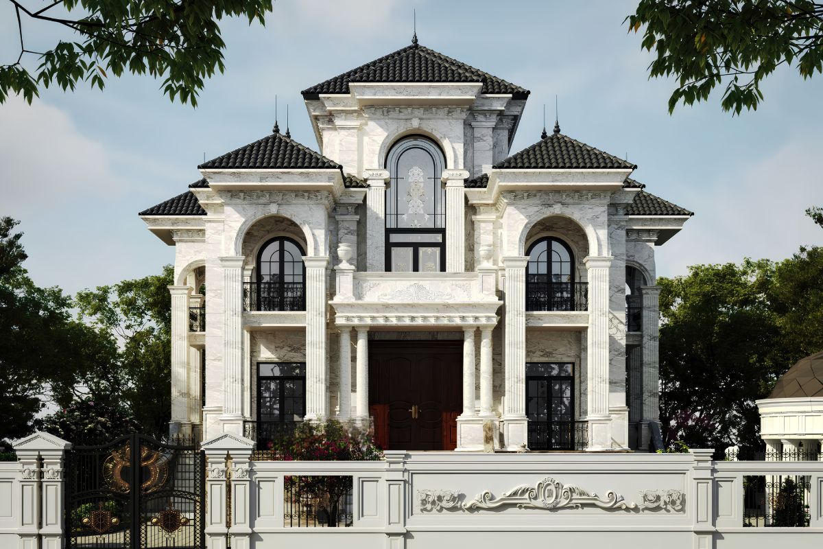 Biệt thự 2 tầng 3 gian có bố cục mặt tiền cân đối với 1 gian chính và 2 gian phụ, tạo nên dáng nhà bề thế, gần gũi với kiến trúc Việt (Ảnh: Sưu tầm)