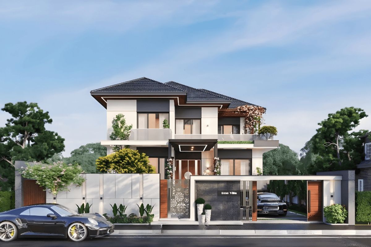 Nhà biệt thự 2 tầng 3 gian hiện đại giữ tinh thần bố cục 3 gian nhưng được thể hiện bằng hình khối gọn gàng, thoáng sáng  (Ảnh: Sưu tầm)