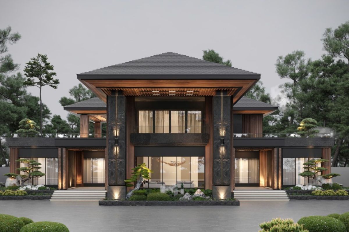 Mặt tiền biệt thự 2 tầng 3 gian hiện đại thường gây ấn tượng bằng đường nét dứt khoát, sảnh kính, đá ốp hoặc ban công rộng  (Ảnh: Sưu tầm)