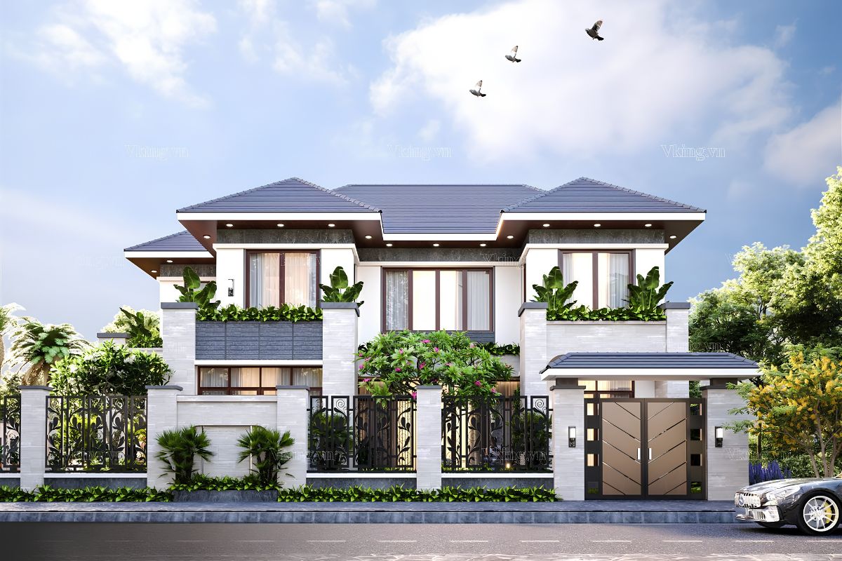 Nhà biệt thự 2 tầng 3 gian hiện đại phù hợp với gia chủ muốn giữ dáng nhà 3 gian quen thuộc nhưng vẫn đề cao tiện nghi và sự mới mẻ  (Ảnh: Sưu tầm)