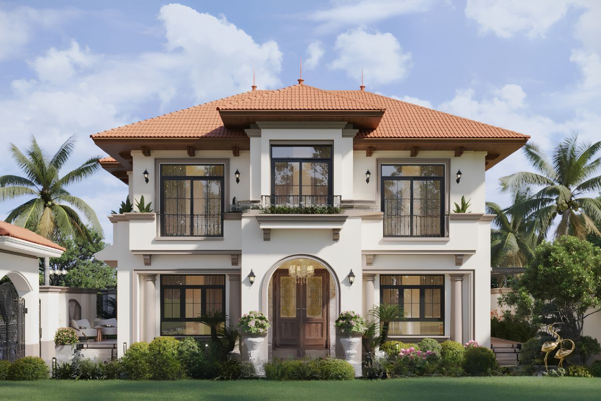 Gian chính với sảnh rộng hoặc cửa vòm lớn tạo điểm nhấn mềm mại cho mẫu biệt thự 2 tầng 3 gian đẹp phong cách Địa Trung Hải  (Ảnh: Sưu tầm)