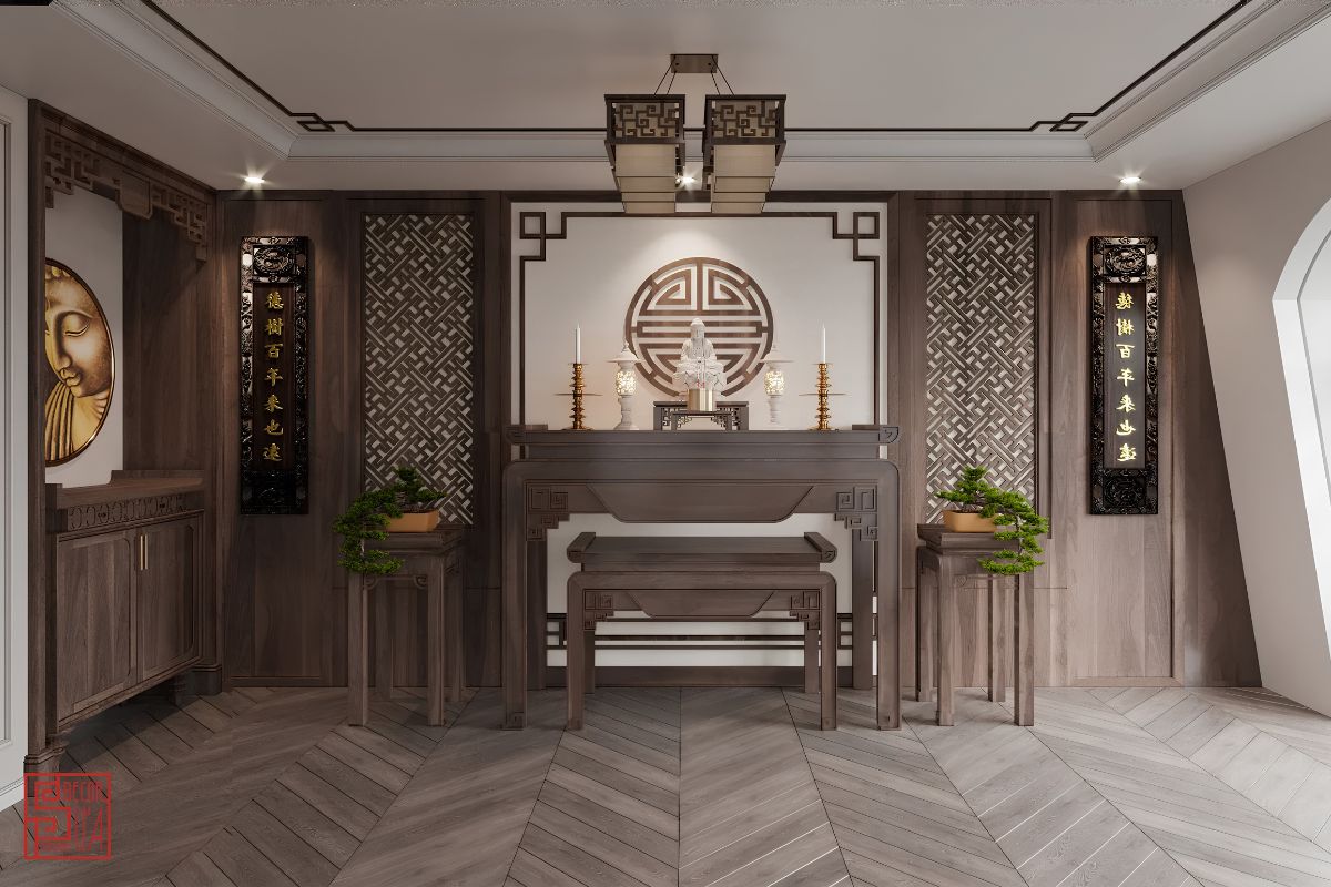 Nội thất phòng thờ biệt thự 2 tầng kiểu 3 gian nên dùng gỗ, màu trầm ấm và tỷ lệ vừa phải để giữ sự mộc mạc, trang trọng  (Ảnh: Sưu tầm)
