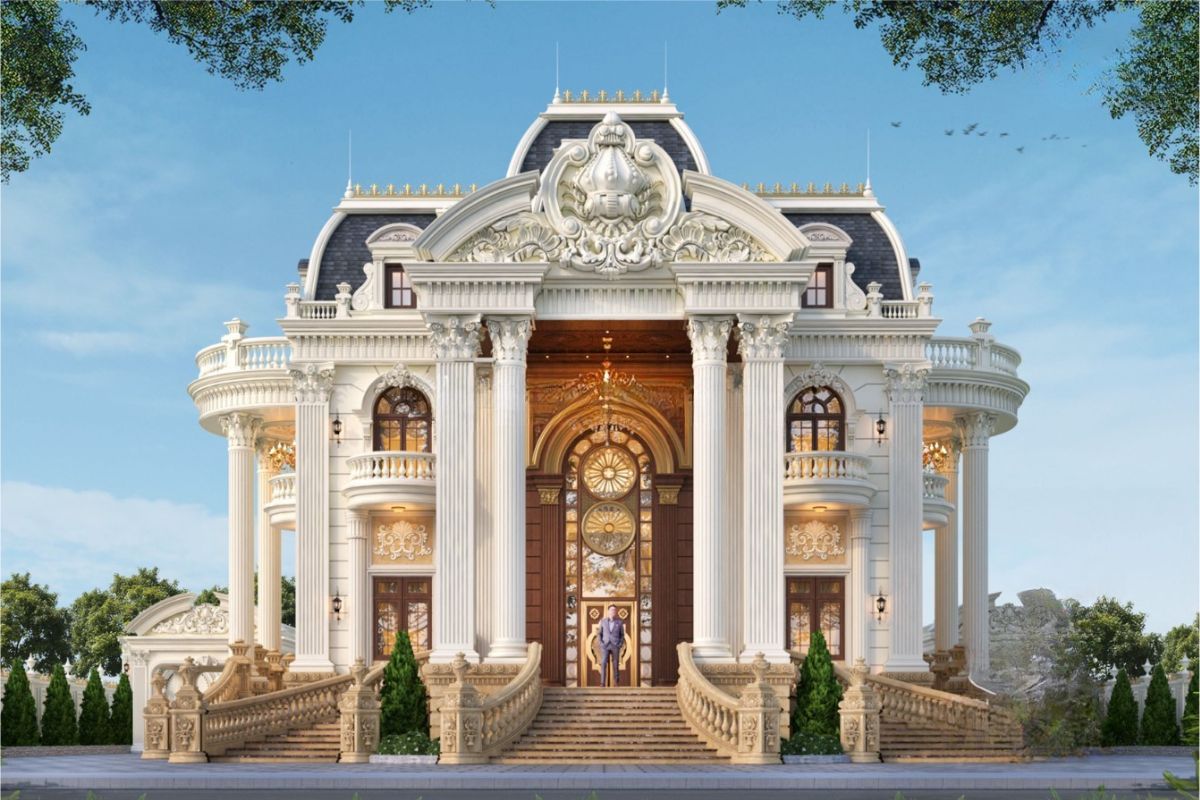 Mẫu biệt thự 2 tầng châu Âu sang trọng & xu hướng 2026 12 Mẫu biệt thự 2 tầng châu Âu đẹp phong cách cổ điển phù hợp với khu đất rộng, có sân vườn và khoảng lùi bề thế (Ảnh: Sưu tầm)