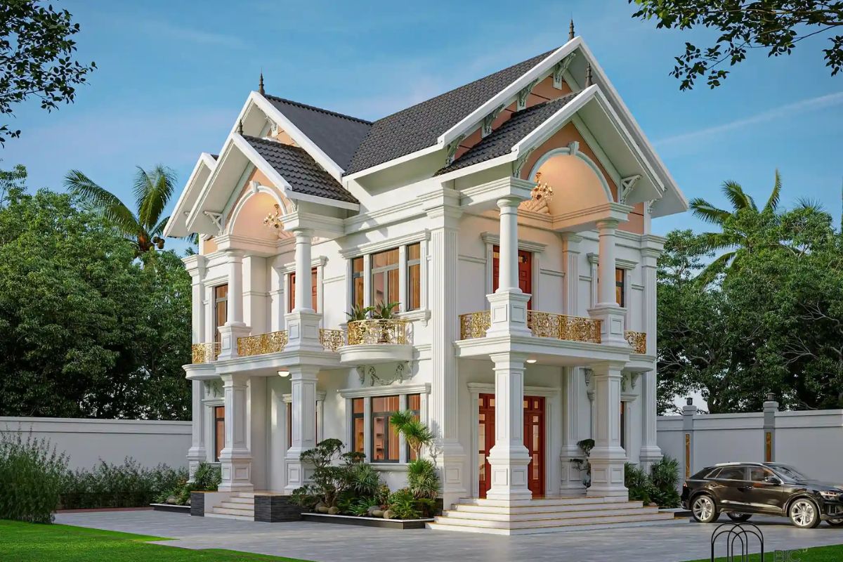 Mẫu biệt thự 2 tầng châu Âu sang trọng & xu hướng 2026 14 Biệt thự 2 tầng kiểu châu Âu mái Thái được yêu thích nhờ vẻ ngoài thanh thoát, sang trọng và phù hợp khí hậu Việt Nam (Ảnh: Sưu tầm)