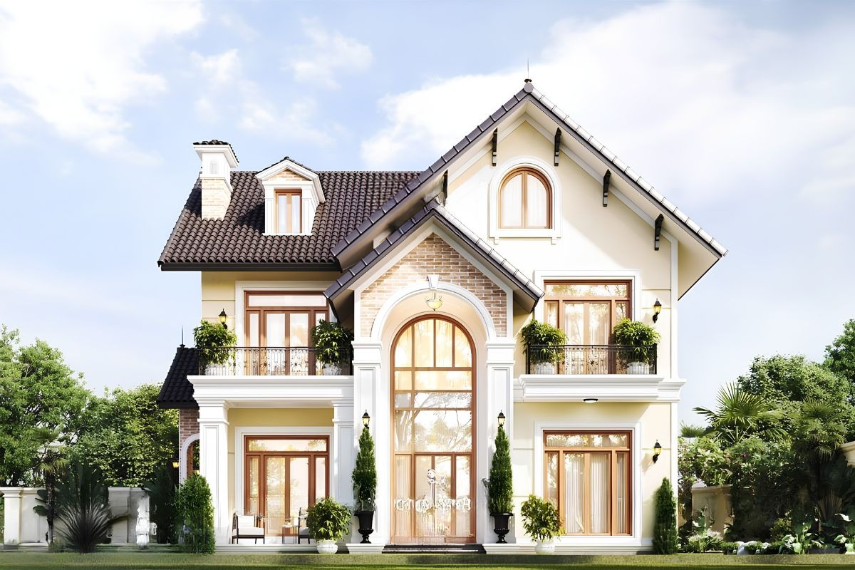 Mẫu biệt thự 2 tầng châu Âu sang trọng & xu hướng 2026 15 Hệ mái dốc giúp mẫu biệt thự 2 tầng châu Âu đẹp thêm cao ráo, thoát nước tốt và hài hòa với tổng thể kiến trúc (Ảnh: Sưu tầm)