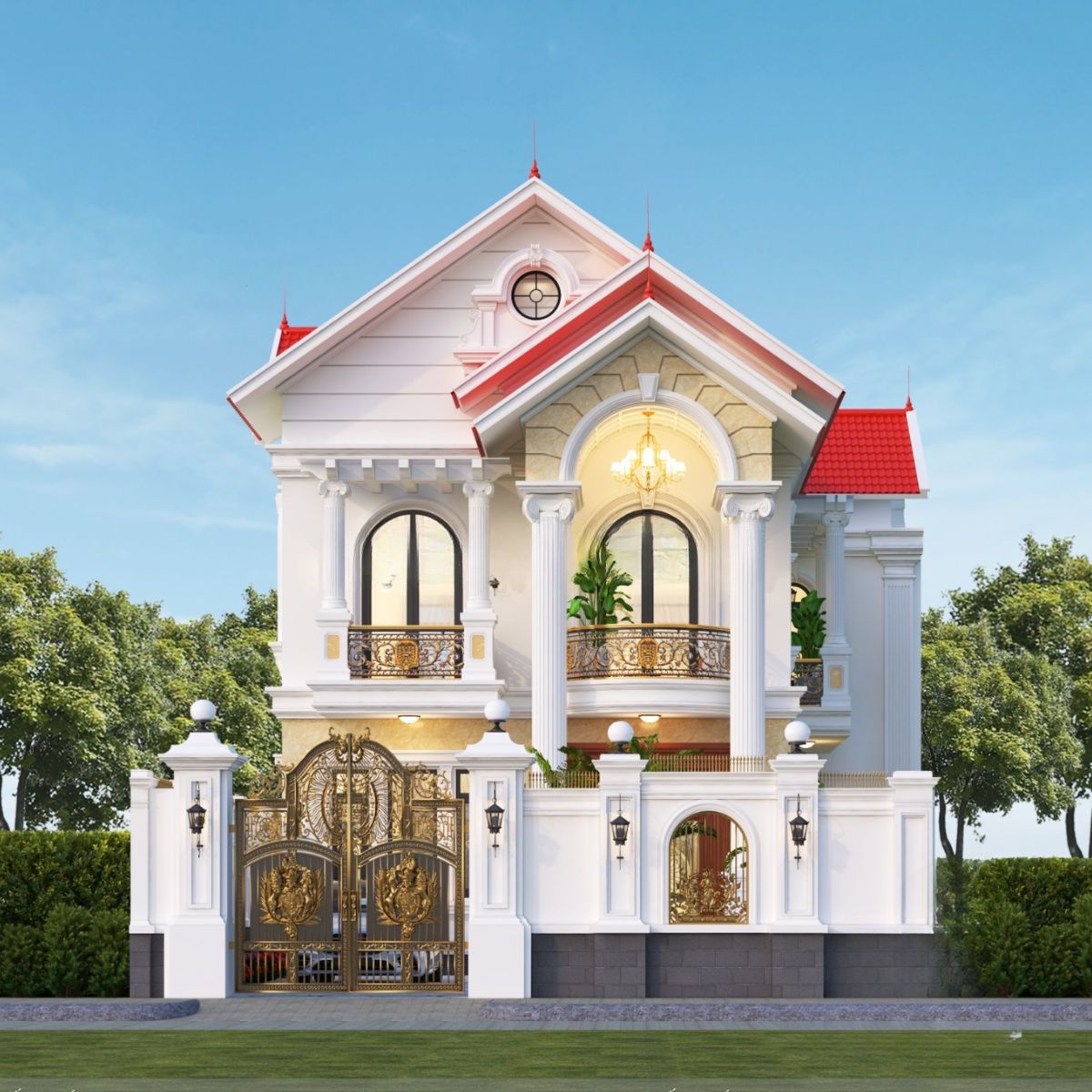 Mẫu biệt thự 2 tầng châu Âu sang trọng & xu hướng 2026 16 Nhà biệt thự 2 tầng kiểu châu Âu mái Thái là lựa chọn cân bằng giữa thẩm mỹ, công năng và chi phí thi công (Ảnh: Sưu tầm)
