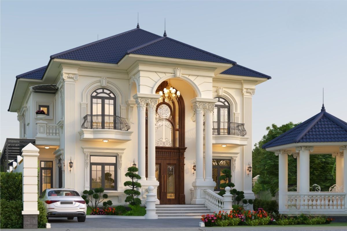Mẫu biệt thự 2 tầng châu Âu sang trọng & xu hướng 2026 26 Biệt thự 2 tầng 4 phòng ngủ phong cách châu Âu đáp ứng tốt nhu cầu sinh hoạt của gia đình 2 thế hệ (Ảnh: Sưu tầm)