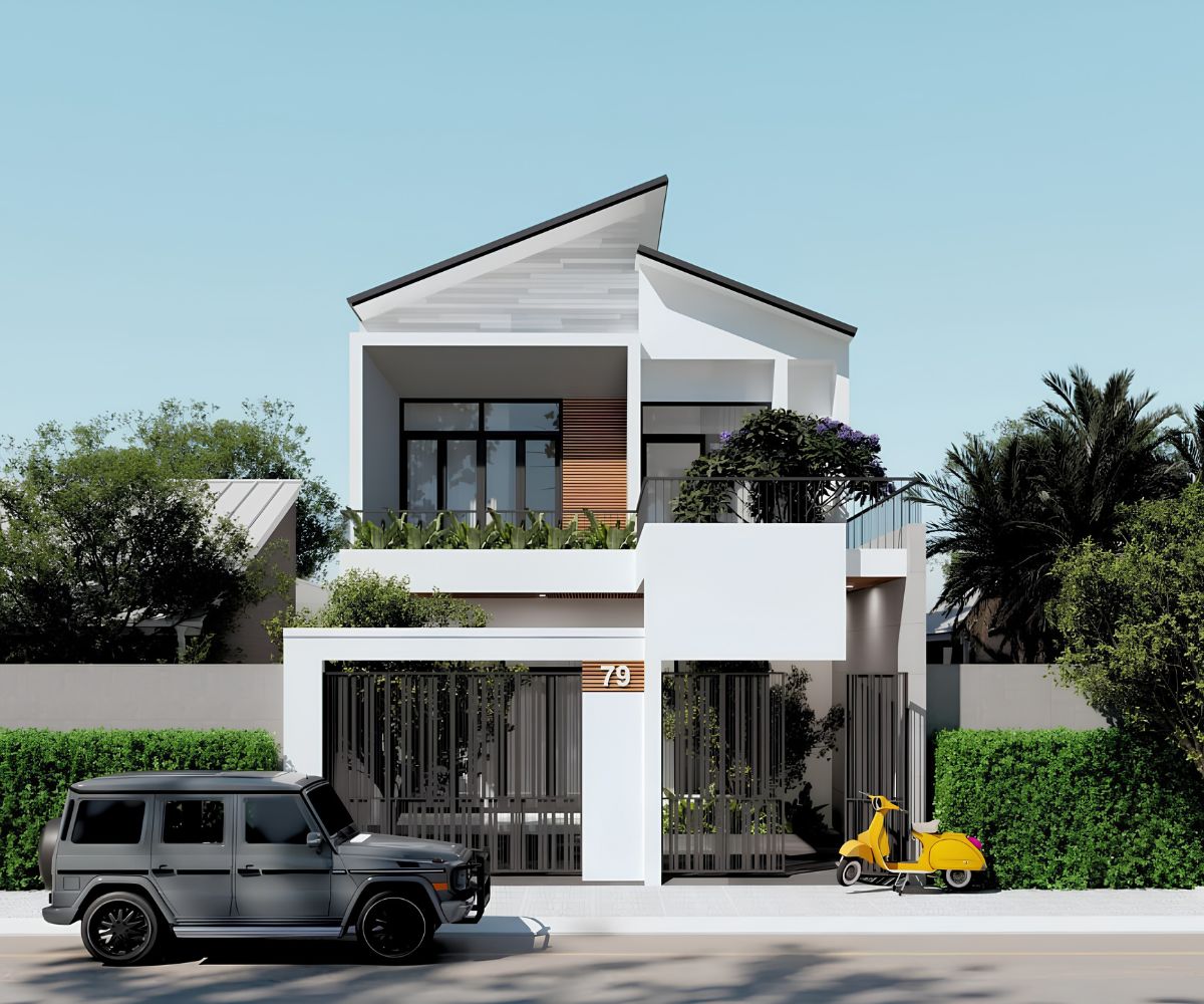 Thiết kế biệt thự 2 tầng mái lệch nổi bật với hình khối bất đối xứng, lam nhôm và cửa kính lớn hiện đại (Ảnh: Sưu tầm)