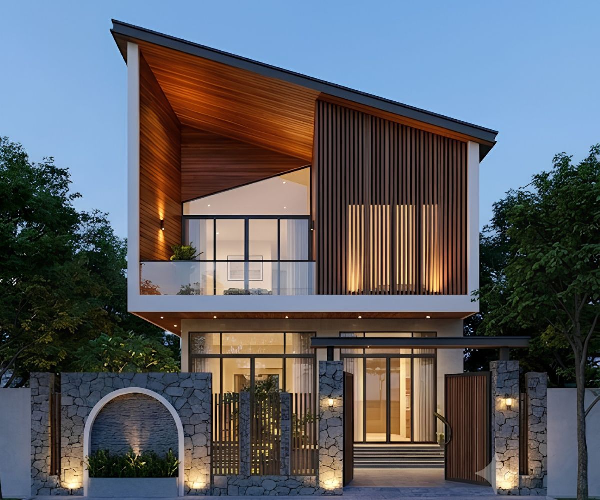 Cửa kính lớn giúp biệt thự 2 tầng mái lệch đẹp đón sáng tốt và mở rộng tầm nhìn ra sân vườn  (Ảnh: Sưu tầm)