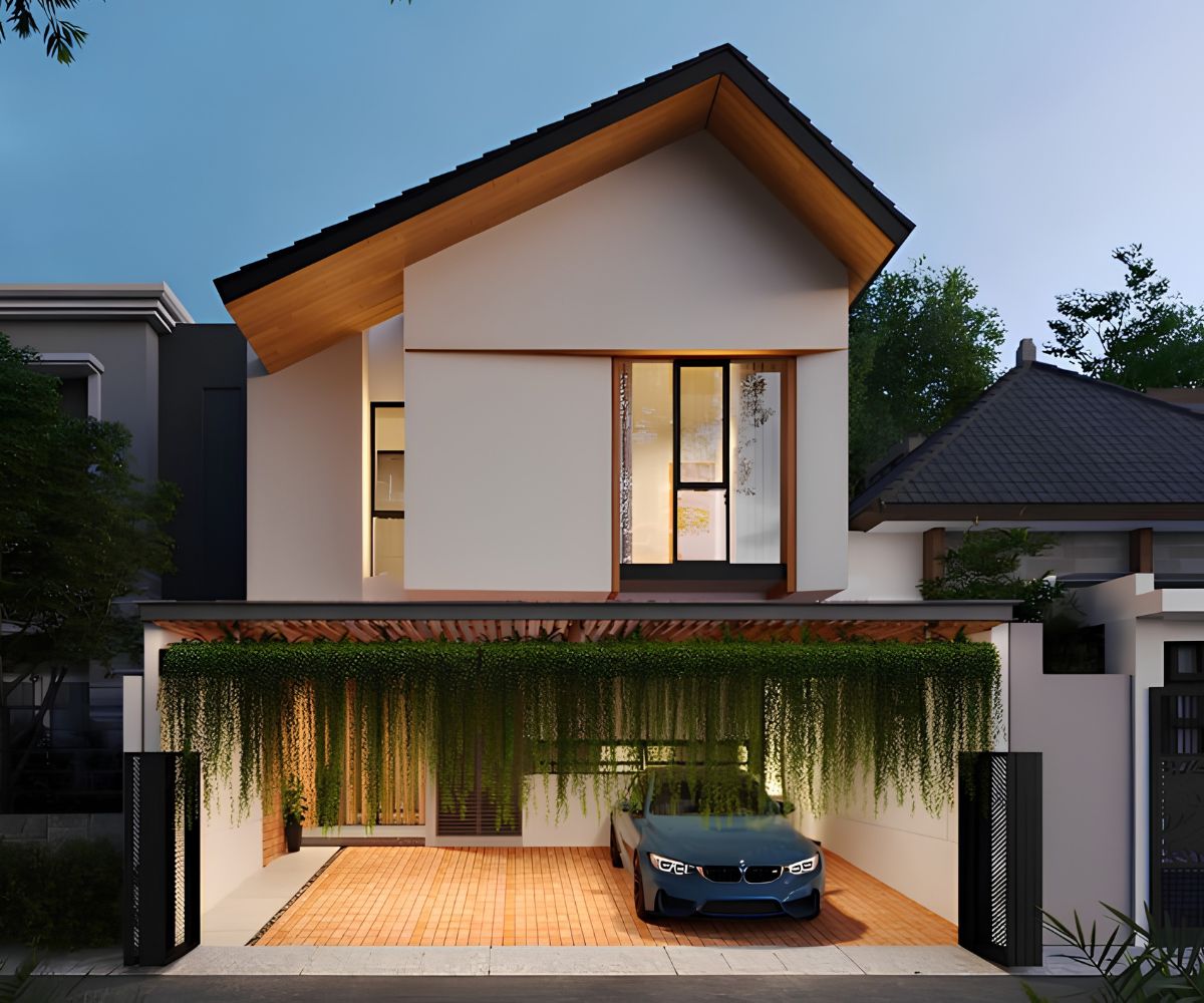Không gian mở kết nối nội thất và cảnh quan trong thiết kế biệt thự 2 tầng mái lệch tối giản  (Ảnh: Sưu tầm)