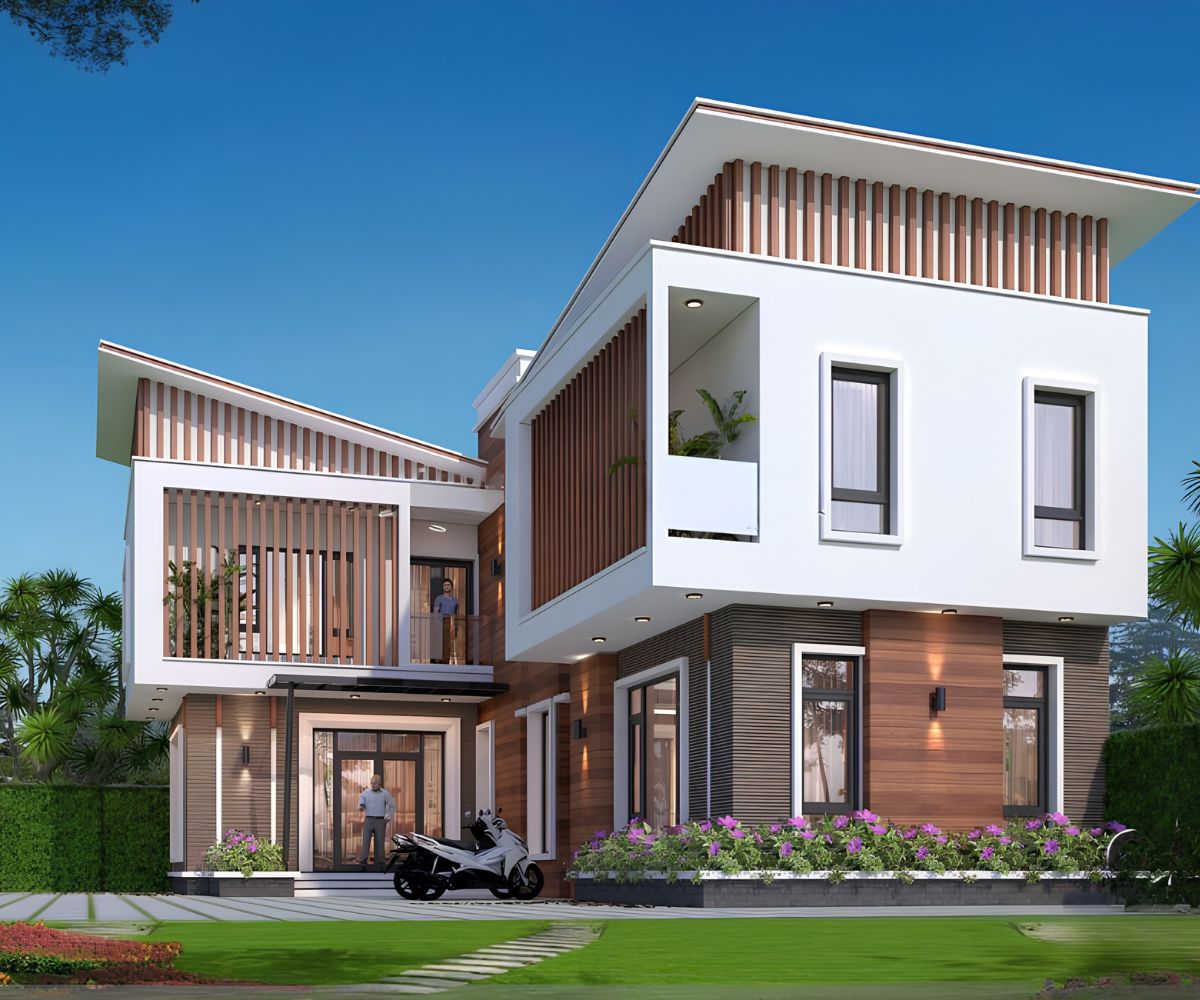 Biệt thự 2 tầng mái lệch chữ L tạo khoảng sân thoáng, tăng khả năng lấy sáng và kết nối thiên nhiên (Ảnh: Sưu tầm)