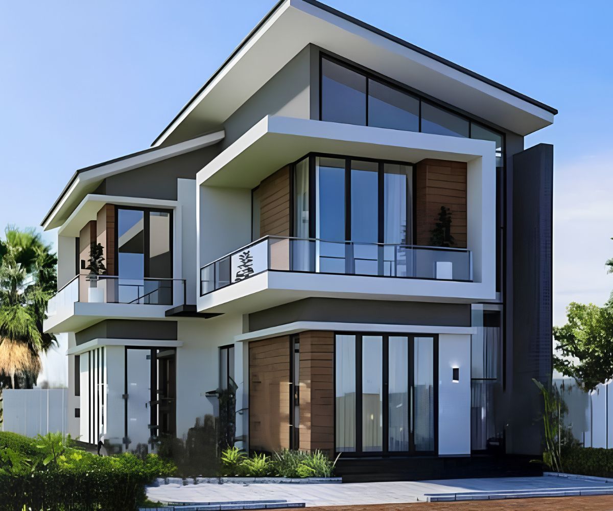 Hai khối mái dốc khác cao độ tạo điểm nhấn sinh động cho mẫu biệt thự 2 tầng mái lệch chữ L (Ảnh: Sưu tầm)