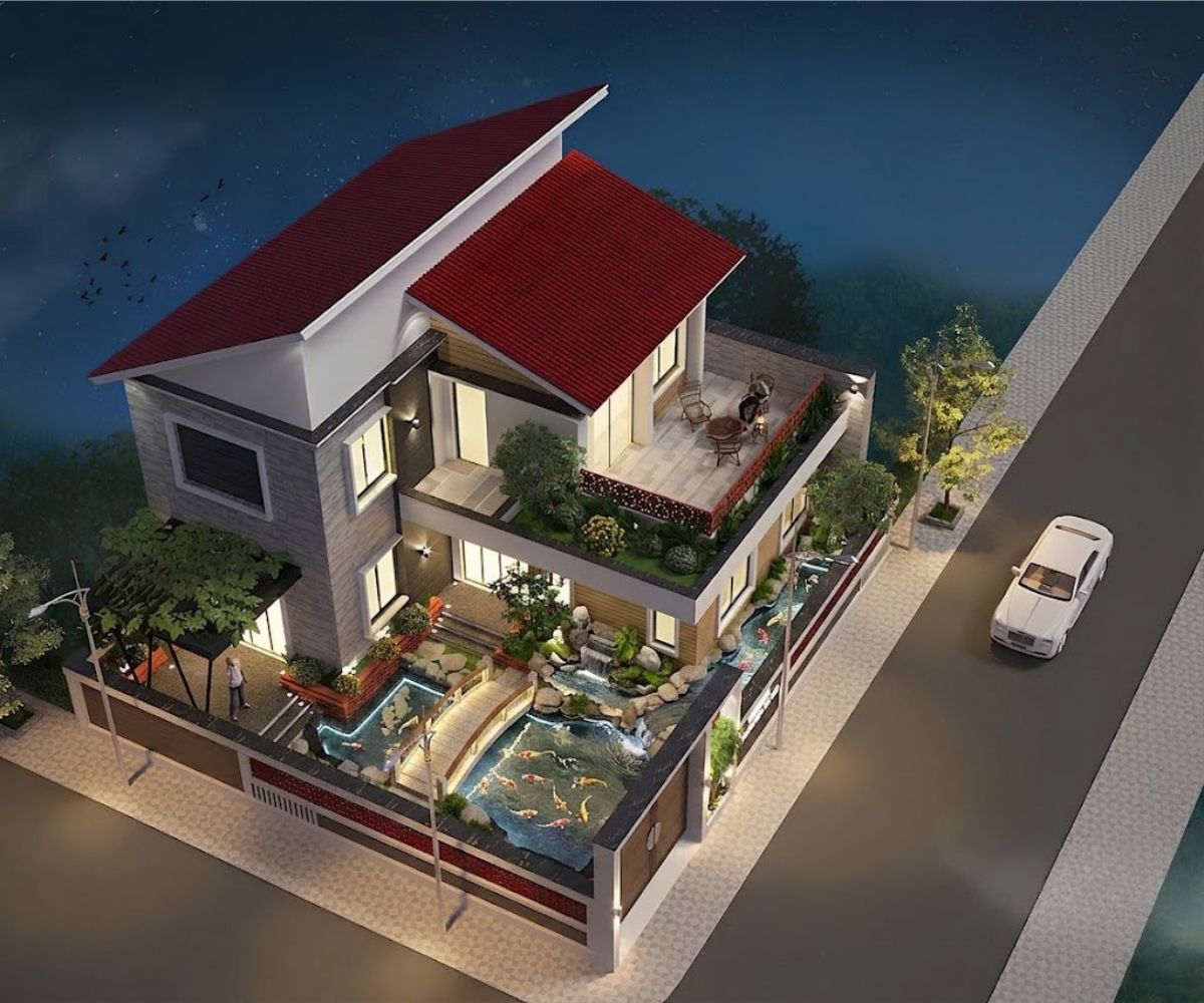 Biệt thự 2 tầng mái lệch sân vườn mang đến không gian sống xanh, yên tĩnh và gần gũi thiên nhiên  (Ảnh: Sưu tầm)