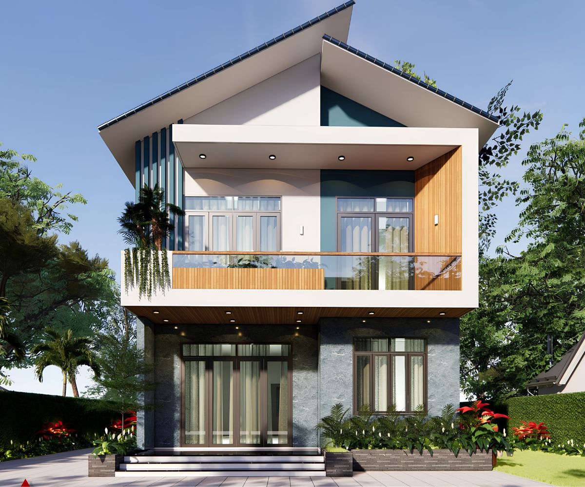 Thiết kế biệt thự 2 tầng mái lệch có hồ cá cần đồng bộ giải pháp chống thấm, lọc nước và thoát nước (Ảnh: Sưu tầm)