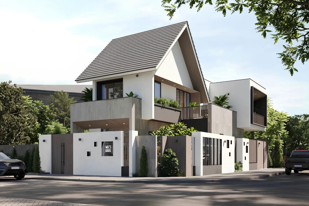 Nhà biệt thự 2 tầng mái lệch hai mặt tiền khai thác tối đa lợi thế góc nhìn của khu đất  (Ảnh: Sưu tầm)