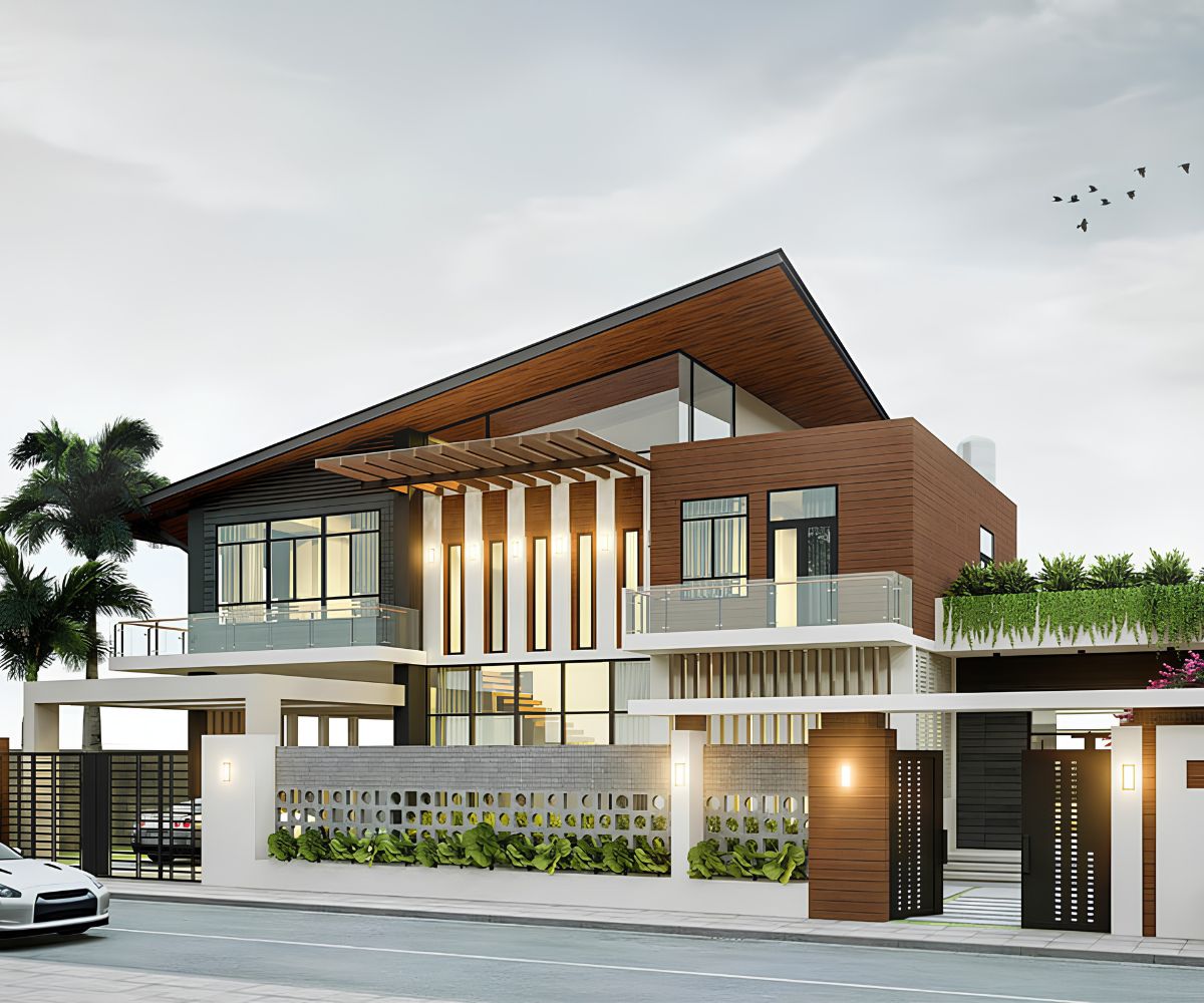Biệt thự 2 tầng mái lệch có gara đáp ứng nhu cầu đỗ xe an toàn và thuận tiện cho gia đình hiện đại  (Ảnh: Sưu tầm)