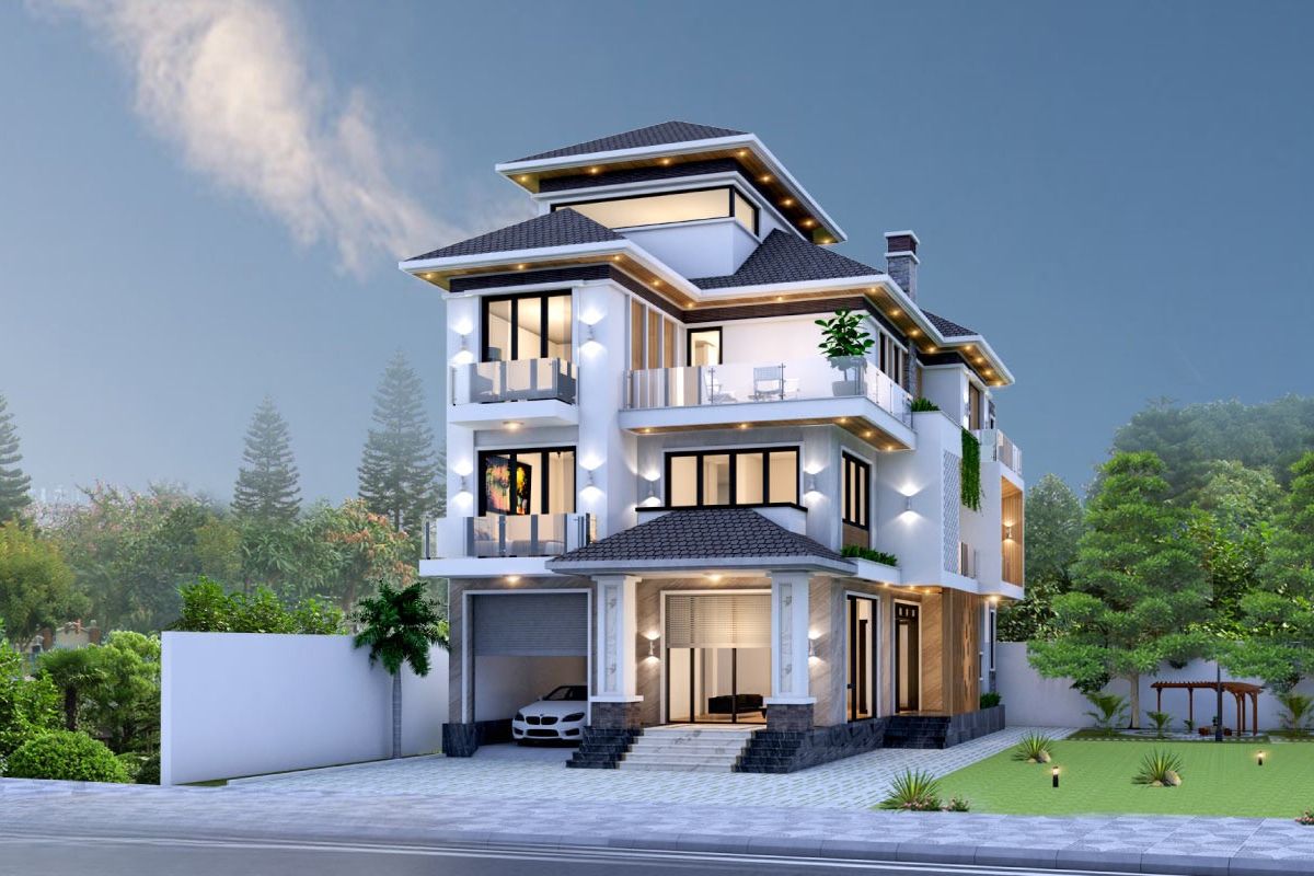Kính, đá, gỗ và bê tông trang trí giúp thiết kế biệt thự 3 tầng 1 tum hiện đại thêm sang trọng, bền đẹp  (Ảnh: Sưu tầm)