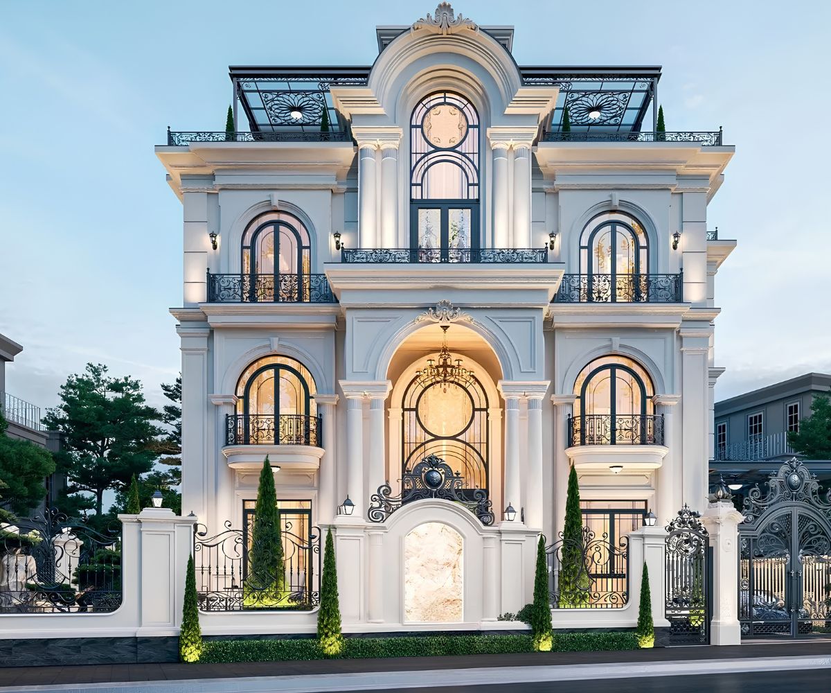 Biệt thự 3 tầng 1 tum Tân cổ điển ghi dấu bằng hệ cột, phào chỉ, mái vòm và mặt tiền cân đối (Ảnh: Sưu tầm)