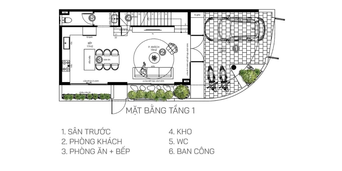 Tầng 1 của biệt thự 3 tầng 1 tum ưu tiên gara, phòng khách, bếp ăn và phòng ngủ cho người lớn tuổi (Ảnh: Sưu tầm)