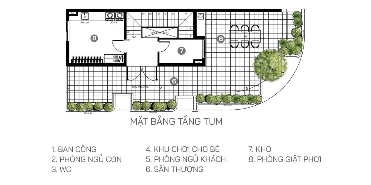 Tầng tum là không gian lý tưởng cho phòng thờ, sân phơi, kho kỹ thuật và vườn thượng uyển thoáng đãng (Ảnh: Sưu tầm)