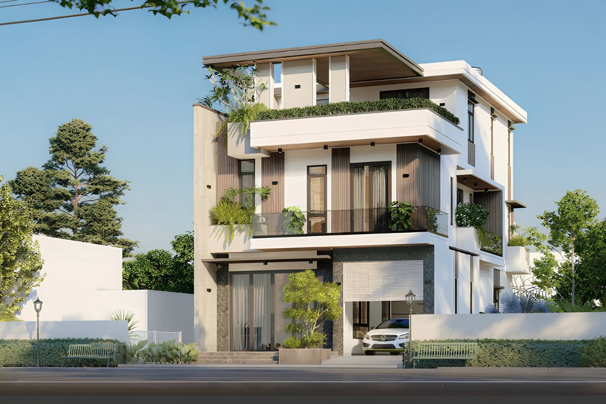 Mẫu Biệt Thự 3 Tầng Hiện Đại 120m2 Đẹp & Báo Giá Xây Dựng 2026 5 Biệt thự hiện đại 120m2 3 tầng mái bằng mang vẻ đẹp tối giản, trẻ trung và bền vững (Ảnh: Sưu tầm)