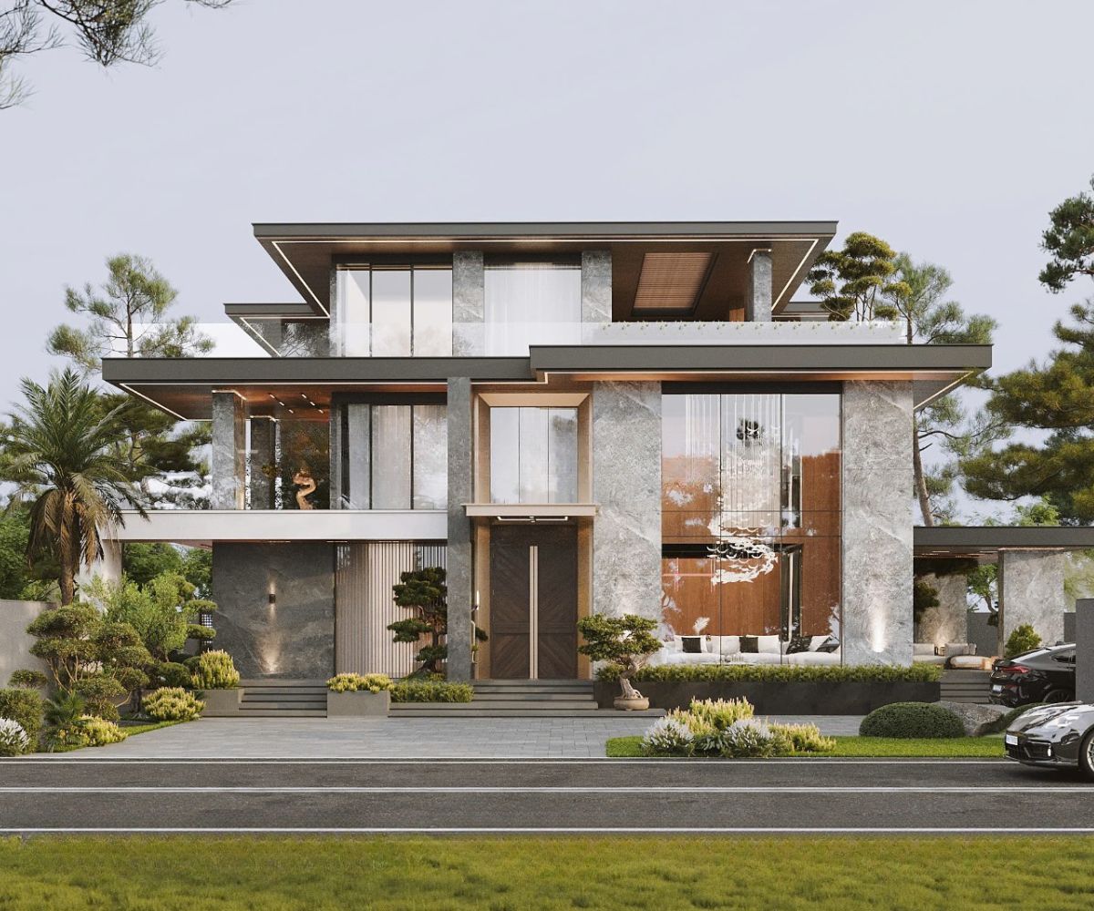 Mẫu Biệt Thự 3 Tầng Hiện Đại 120m2 Đẹp & Báo Giá Xây Dựng 2026 8 Nhà biệt thự 3 tầng 120m2 hiện đại sử dụng giếng trời, cửa kính lớn và cảnh quan xanh (Ảnh: Sưu tầm)