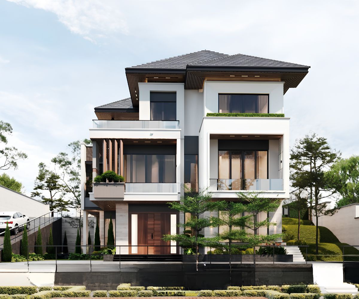 Mẫu Biệt Thự 3 Tầng Hiện Đại 120m2 Đẹp & Báo Giá Xây Dựng 2026 9 Biệt thự 3 tầng 120m2 mái Nhật sở hữu dáng mái cân đối, thanh lịch và phù hợp khí hậu Việt Nam (Ảnh: Sưu tầm)