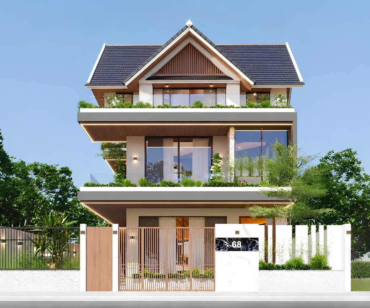 Mẫu Biệt Thự 3 Tầng Hiện Đại 120m2 Đẹp & Báo Giá Xây Dựng 2026 12 Biệt thự 3 tầng 120m2 mái Thái nổi bật với mái dốc cao và hình thức kiến trúc sang trọng (Ảnh: Sưu tầm)