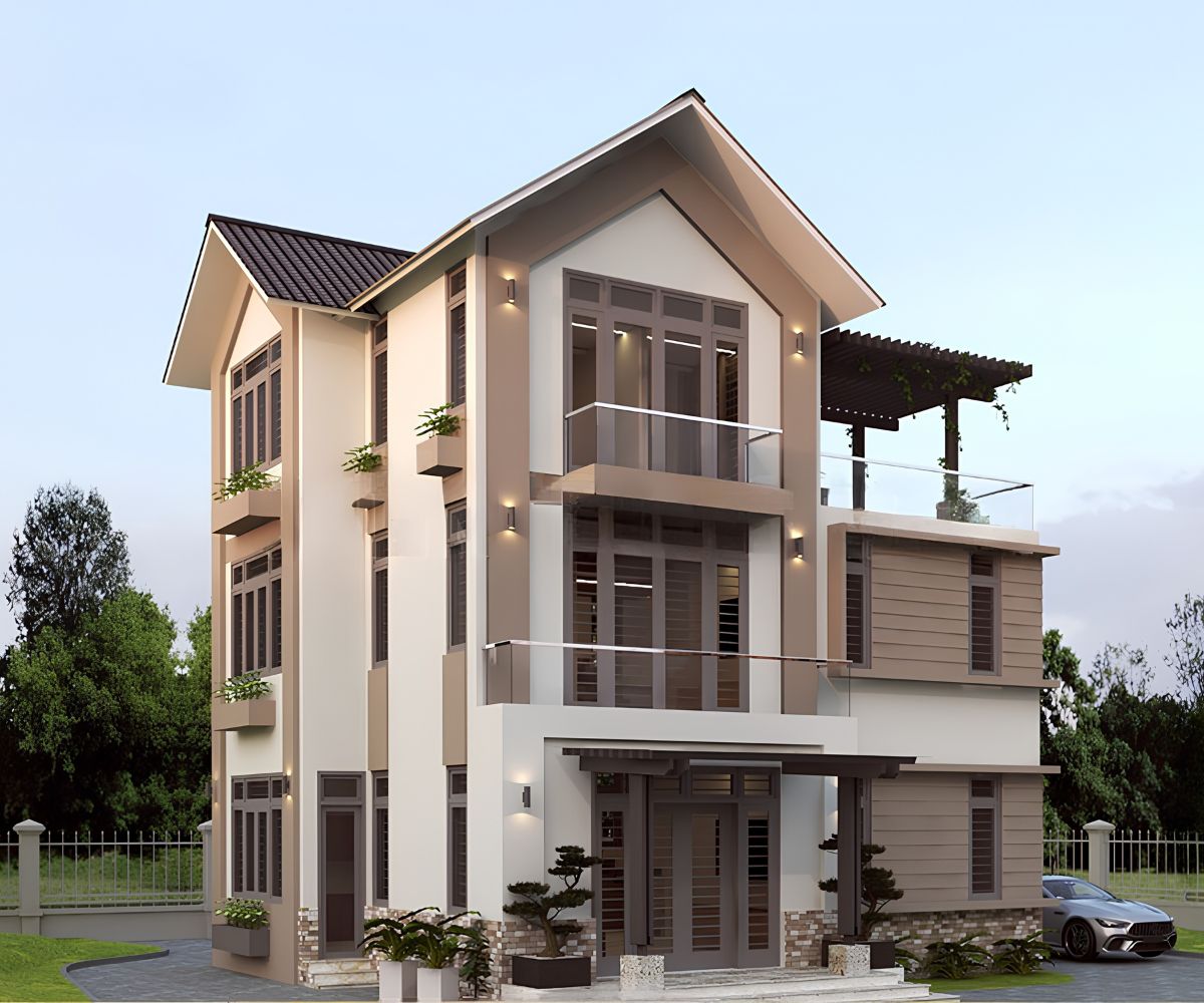 Mẫu Biệt Thự 3 Tầng Hiện Đại 120m2 Đẹp & Báo Giá Xây Dựng 2026 13 Mẫu biệt thự 3 tầng hiện đại 120m2 mái Thái kết hợp đường nét tinh giản và tỷ lệ cân đối (Ảnh: Sưu tầm)