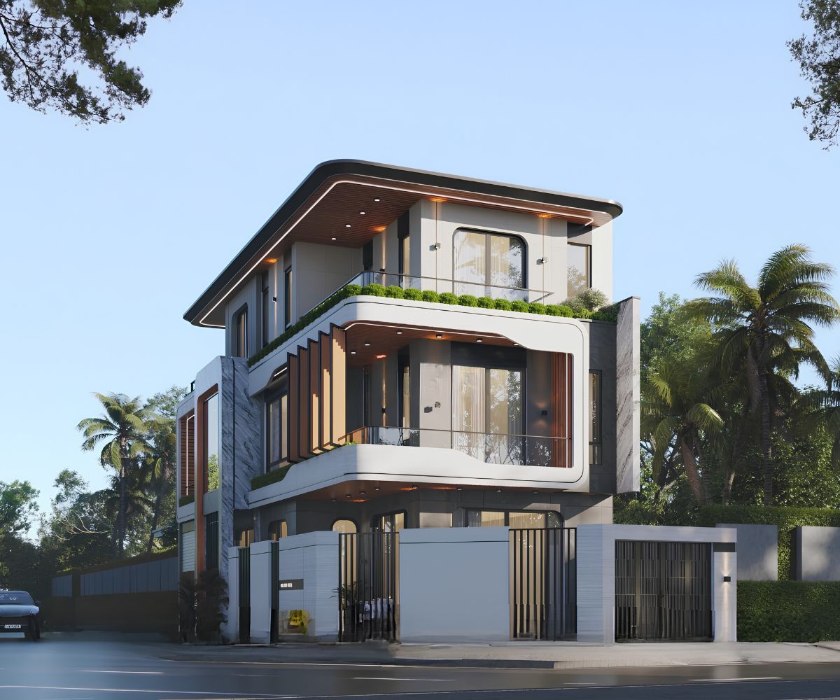 Mẫu Biệt Thự 3 Tầng Hiện Đại 120m2 Đẹp & Báo Giá Xây Dựng 2026 16 Thiết kế biệt thự 3 tầng hiện đại 120m2 hai mặt tiền tạo nhiều góc nhìn kiến trúc ấn tượng (Ảnh: Sưu tầm)