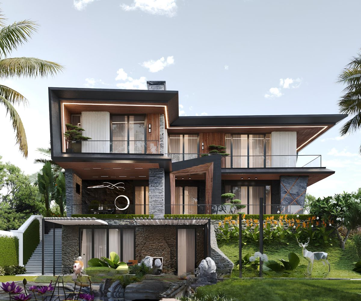 Mẫu Biệt Thự 3 Tầng Hiện Đại 120m2 Đẹp & Báo Giá Xây Dựng 2026 25 Mẫu biệt thự 3 tầng hiện đại 120m2 kết hợp cây xanh, đường dạo và khoảng sân thư giãn (Ảnh: Sưu tầm)