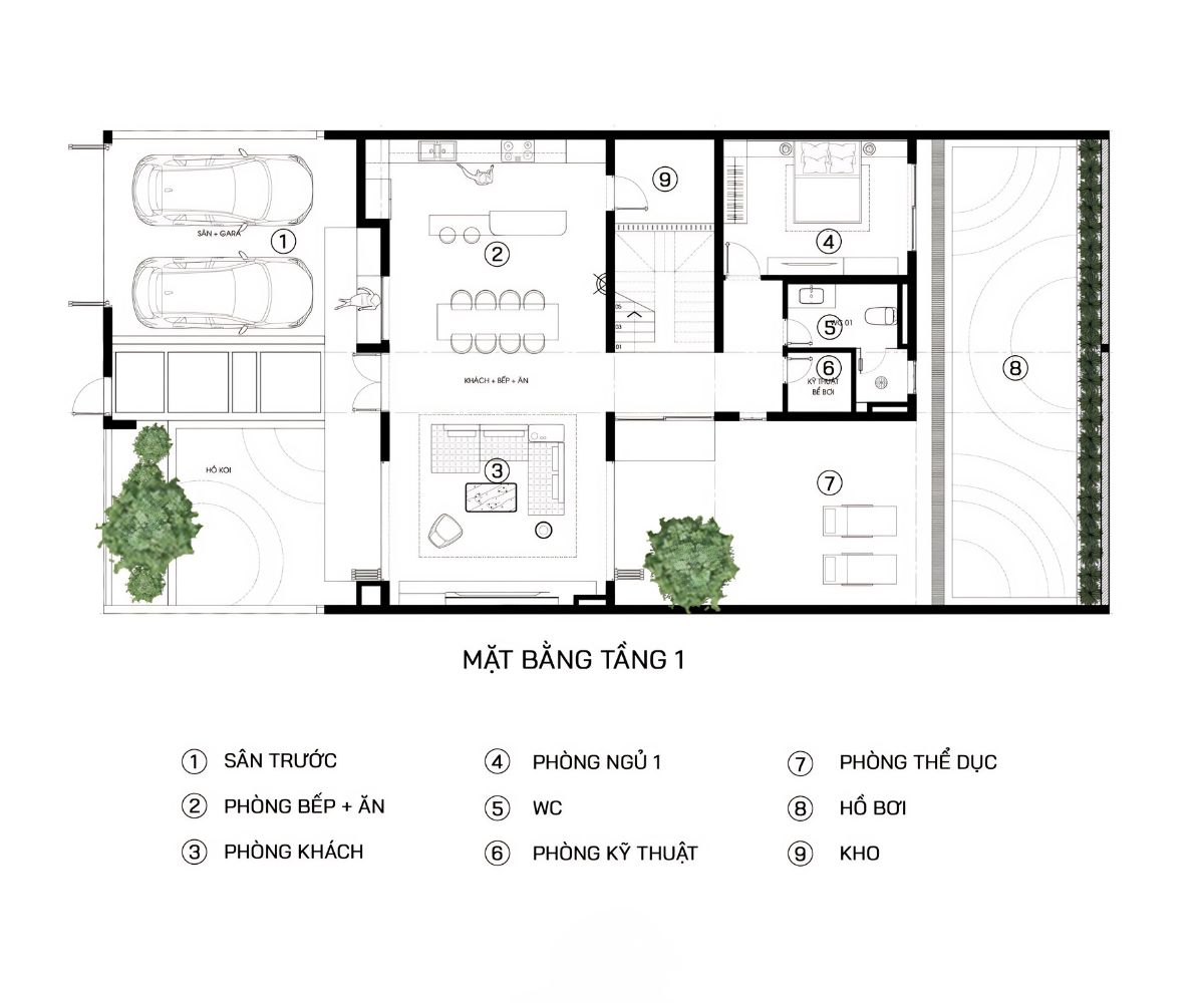 Mẫu Biệt Thự 3 Tầng Hiện Đại 120m2 Đẹp & Báo Giá Xây Dựng 2026 27 Mặt bằng tầng một biệt thự 3 tầng 120m2 kết nối gara, phòng khách, bếp và khoảng mở thông thoáng (Ảnh: Sưu tầm)