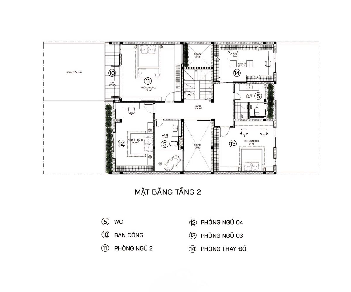 Mẫu Biệt Thự 3 Tầng Hiện Đại 120m2 Đẹp & Báo Giá Xây Dựng 2026 28 Tầng hai nhà biệt thự 3 tầng 120m2 hiện đại tập trung phòng ngủ và không gian sinh hoạt riêng tư (Ảnh: Sưu tầm)