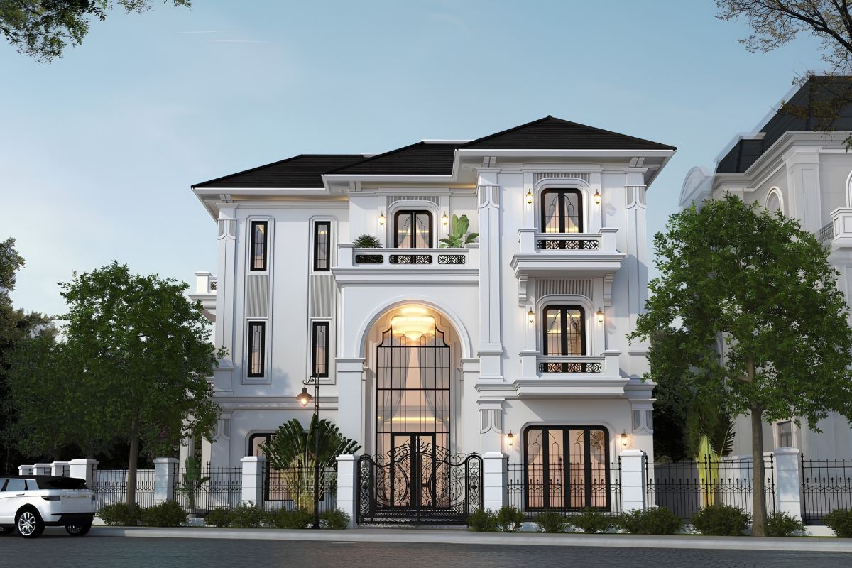 20+ Mẫu biệt thự 3 tầng 6 phòng ngủ đẹp & giải pháp mặt bằng tối ưu 2026 14 Với biệt thự 3 tầng 6 phòng ngủ, sân vườn, hiên thoáng và hồ nước nhỏ giúp không gian sống mềm mại, giàu cảm xúc hơn (Ảnh: Sưu tầm)