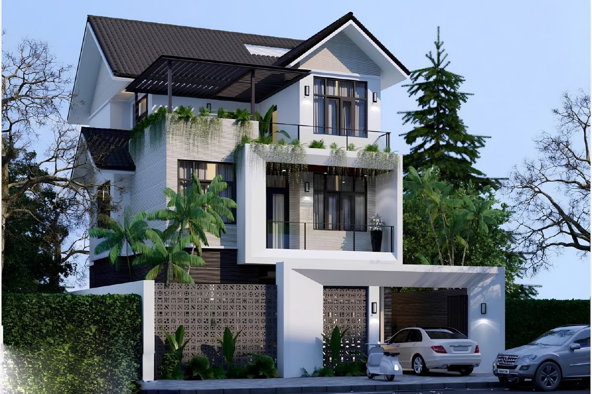 20+ Mẫu biệt thự 3 tầng 6 phòng ngủ đẹp & giải pháp mặt bằng tối ưu 2026 19 Với độ dốc lớn, mái Thái hỗ trợ thoát nước nhanh, giảm thấm dột và bảo vệ ngoại thất tốt hơn (Ảnh: Sưu tầm)