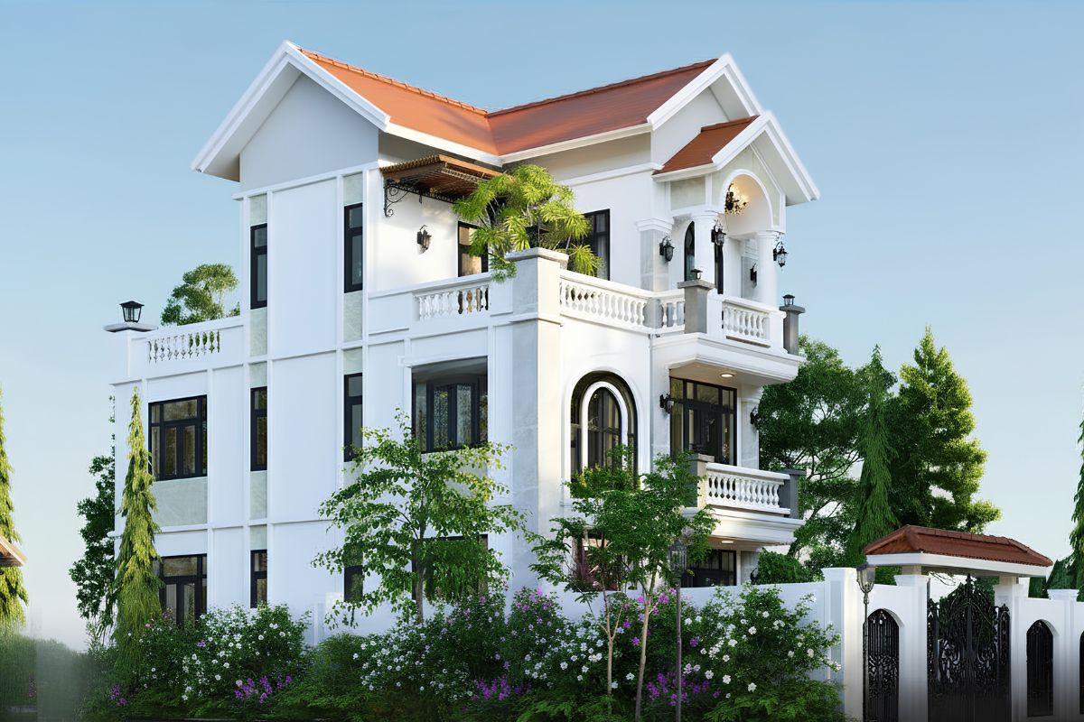 20+ Mẫu biệt thự 3 tầng 6 phòng ngủ đẹp & giải pháp mặt bằng tối ưu 2026 22 Khi chọn mái Thái, gia chủ cần tính kỹ kết cấu, vật liệu lợp và hệ thoát nước (Ảnh: Sưu tầm)