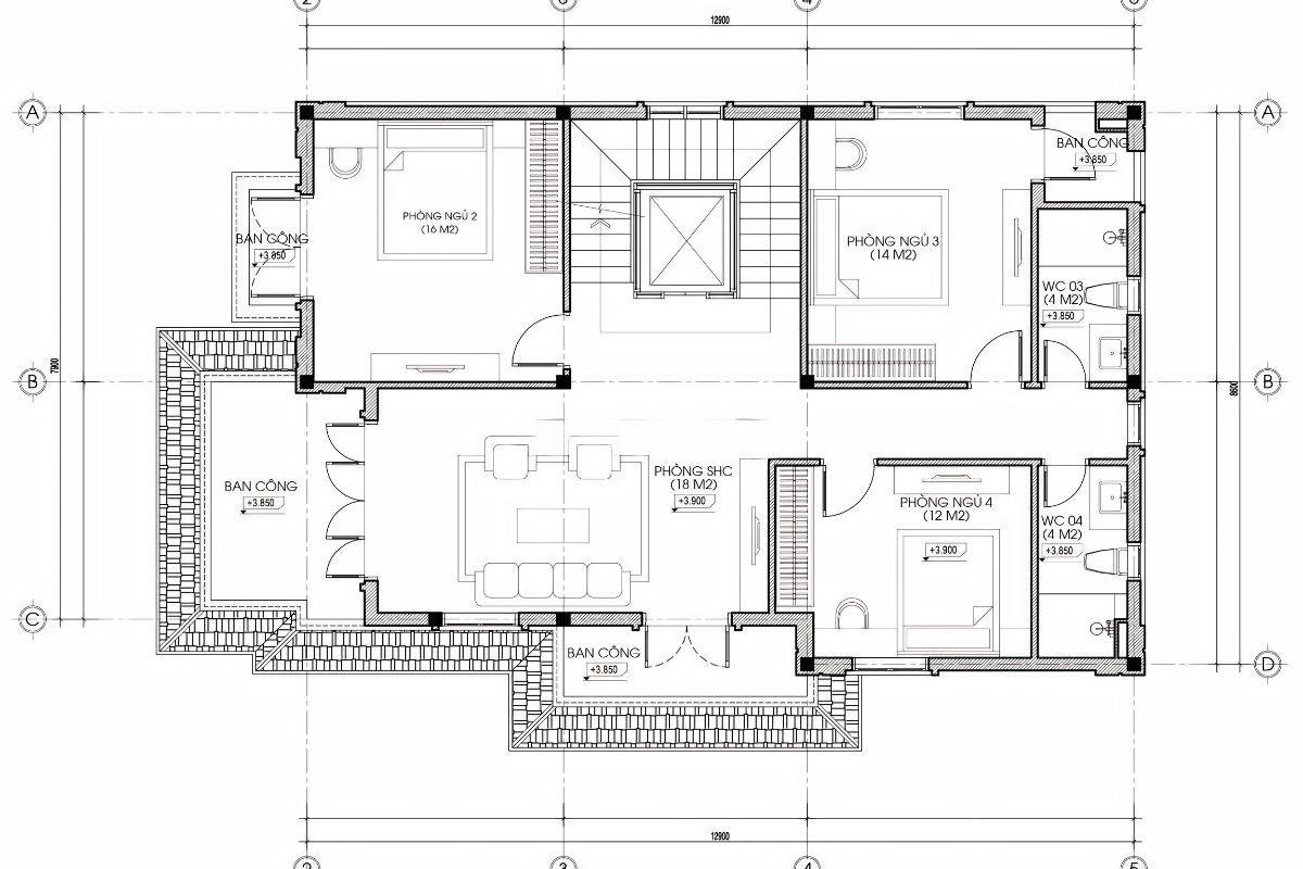 20+ Mẫu biệt thự 3 tầng 6 phòng ngủ đẹp & giải pháp mặt bằng tối ưu 2026 34 Tầng 2 là khu vực nghỉ ngơi chính của nhà biệt thự 3 tầng 6 phòng ngủ, thường gồm phòng Master, phòng con và sinh hoạt chung (Ảnh: Sưu tầm)