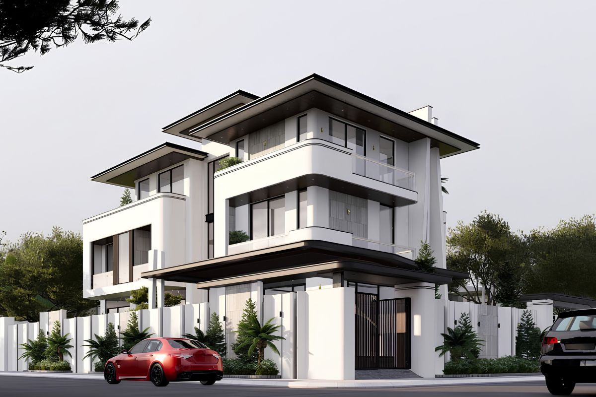 Mẫu Biệt Thự 3 Tầng 8x12m Sang Trọng & Báo Giá Thi Công Trọn Gói 2026 2 Biệt thự 3 tầng diện tích 8x12m sở hữu mặt tiền 8m cân đối, thuận lợi bố trí gara và khoảng thoáng (Ảnh: Sưu tầm)