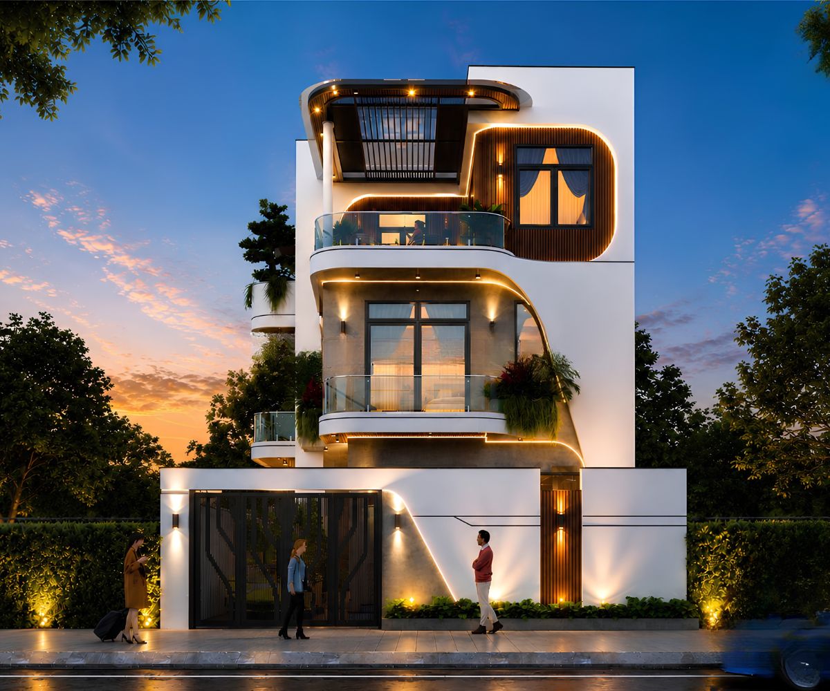 Mẫu Biệt Thự 3 Tầng 8x12m Sang Trọng & Báo Giá Thi Công Trọn Gói 2026 4 Cửa kính cường lực, lam nhôm và đá tự nhiên tạo chiều sâu cho mẫu biệt thự 3 tầng 8x12m (Ảnh: Sưu tầm)
