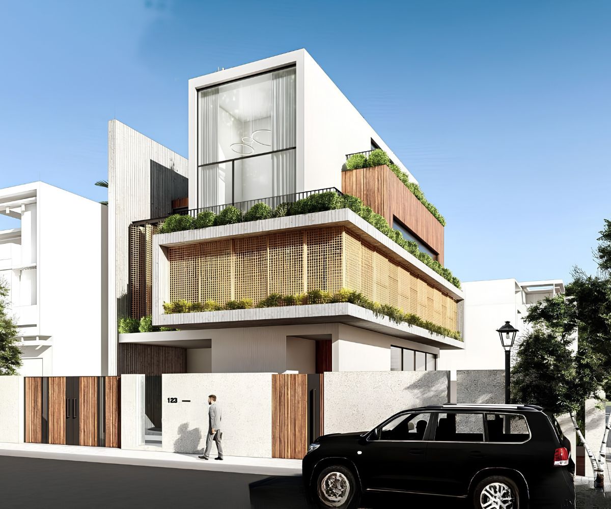 Mẫu Biệt Thự 3 Tầng 8x12m Sang Trọng & Báo Giá Thi Công Trọn Gói 2026 6 Biệt thự 3 tầng 8x12m mái bằng có hình thức gọn gàng, phù hợp bố trí sân thượng và thiết bị kỹ thuật (Ảnh: Sưu tầm)