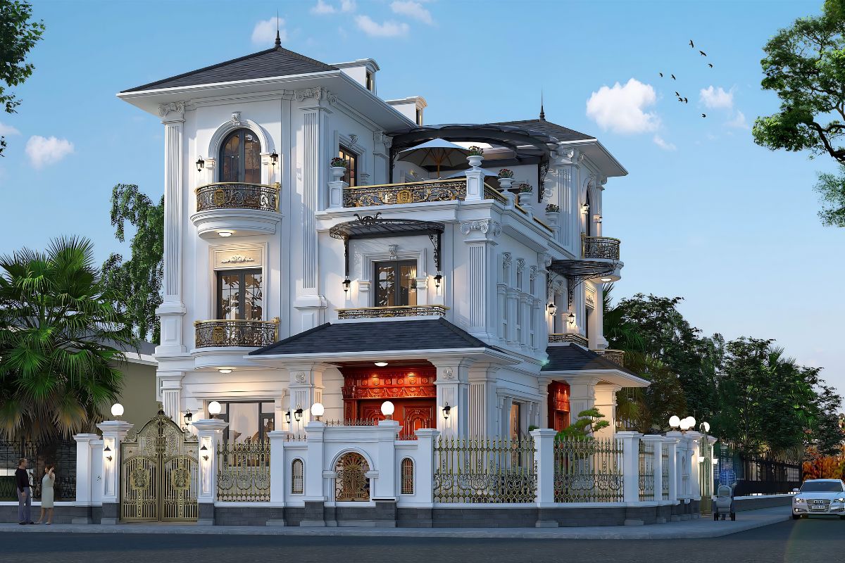 Mẫu Biệt Thự 3 Tầng 8x12m Sang Trọng & Báo Giá Thi Công Trọn Gói 2026 8 Biệt thự 3 tầng 8x12m tân cổ điển gây ấn tượng với bố cục cân đối và hệ cột mặt tiền bề thế (Ảnh: Sưu tầm)