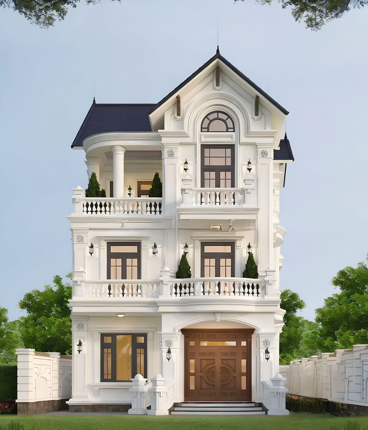 Mẫu Biệt Thự 3 Tầng 8x12m Sang Trọng & Báo Giá Thi Công Trọn Gói 2026 9 Hệ cột cao kết hợp đá ốp chân tường nâng tầm vẻ sang trọng cho nhà biệt thự 3 tầng 8x12m (Ảnh: Sưu tầm)