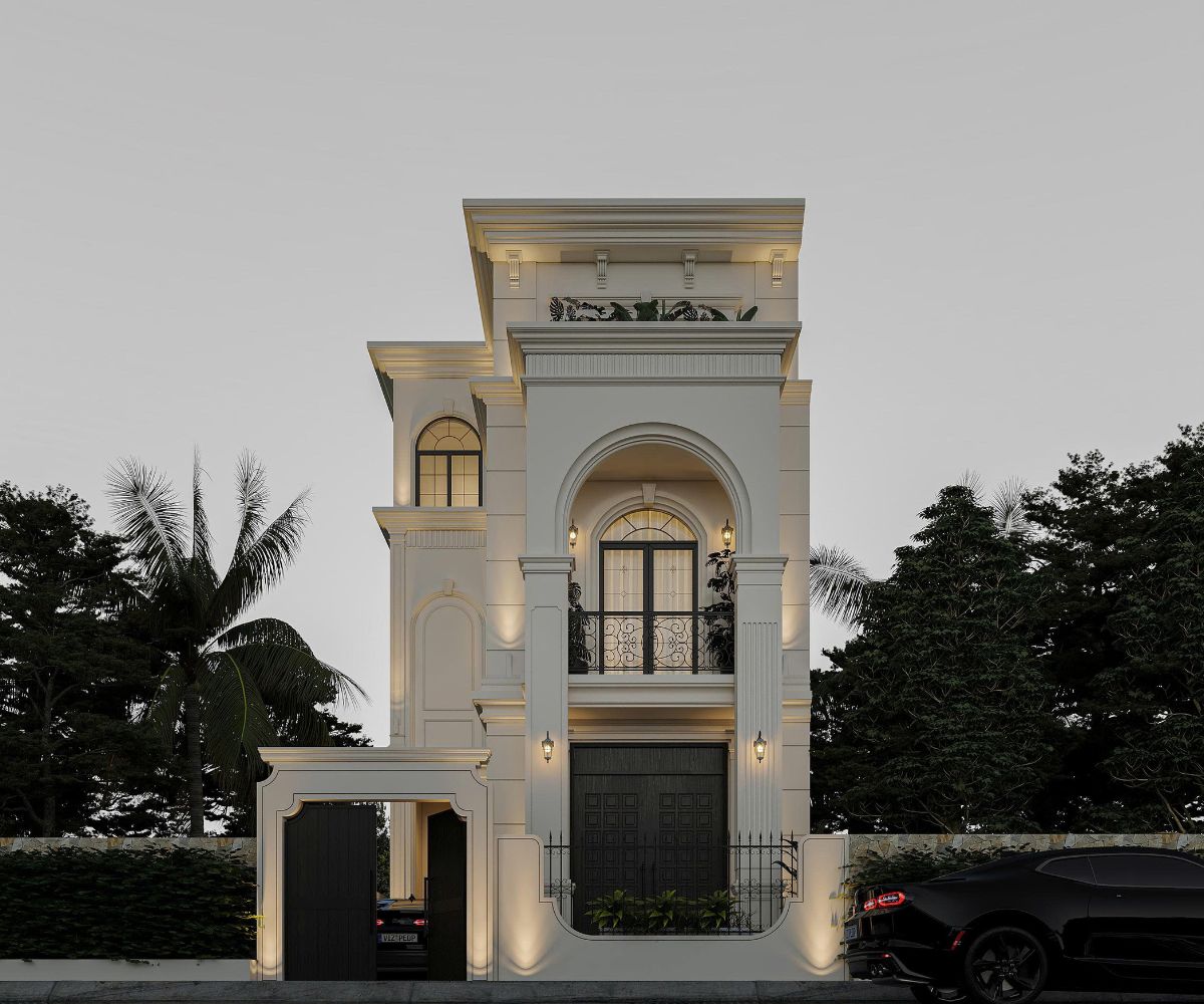 Mẫu Biệt Thự 3 Tầng 8x12m Sang Trọng & Báo Giá Thi Công Trọn Gói 2026 10 Cửa vòm và ban công cong tạo dấu ấn thanh lịch cho thiết kế biệt thự 3 tầng diện tích 8x12m (Ảnh: Sưu tầm)