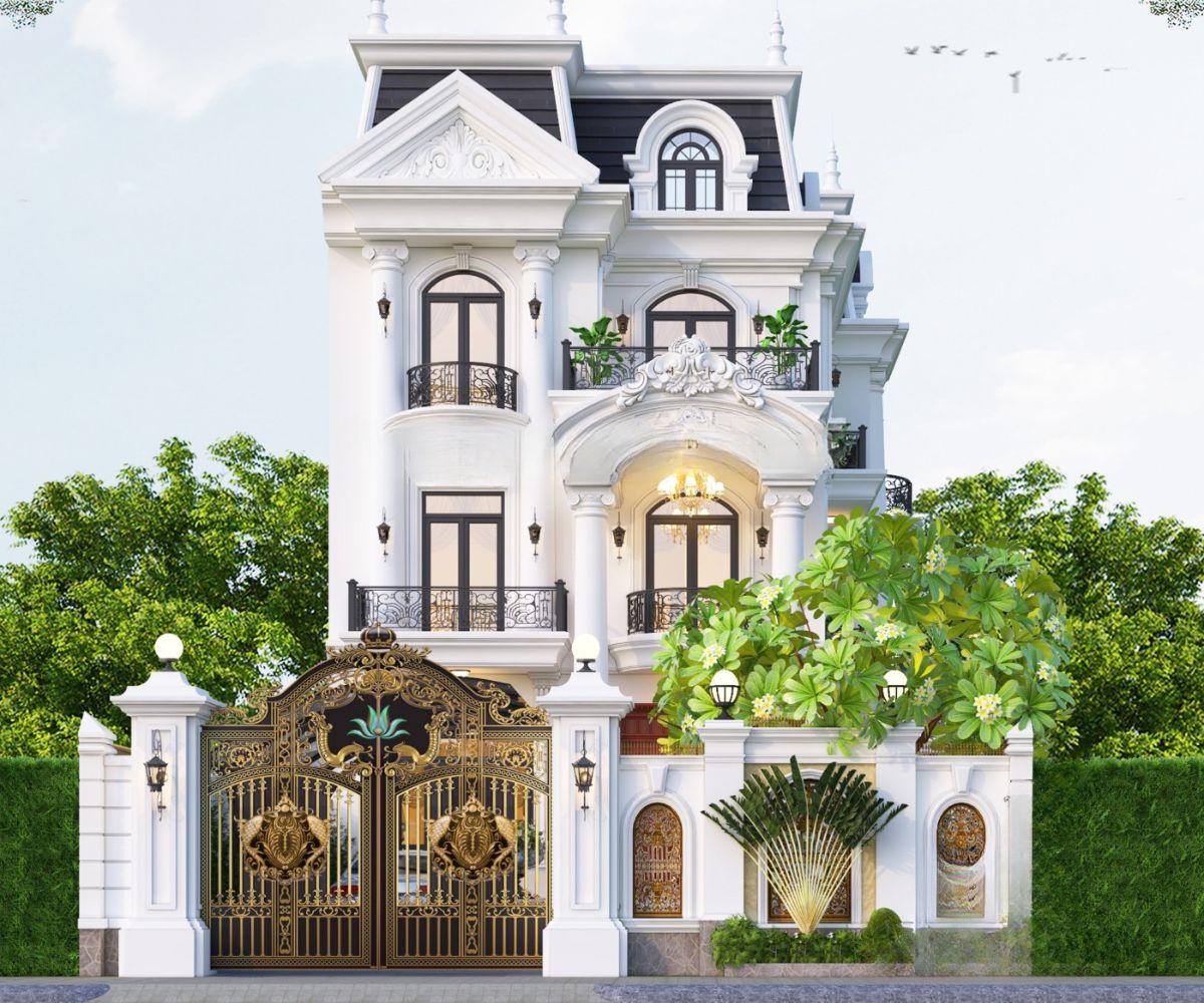 Mẫu Biệt Thự 3 Tầng 8x12m Sang Trọng & Báo Giá Thi Công Trọn Gói 2026 11 Gam trắng kem kết hợp mái sẫm màu làm nổi bật đường nét kiến trúc tân cổ điển trang nhã (Ảnh: Sưu tầm)